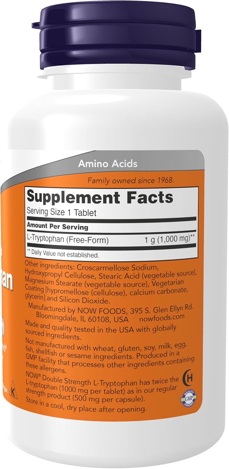 NOW Foods L-Tryptophan 1000 mg, Dosis Doble, 60 Comprimidos