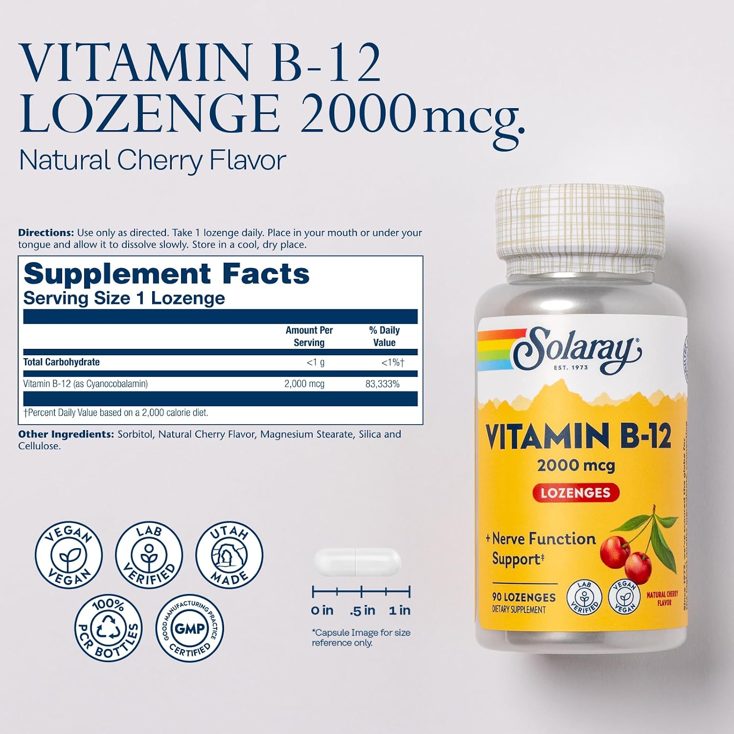 SOLARAY Vitamina B12 2000 mcg Pastillas Sabor Cereza Natural - Sin Azúcar, Vegano - 90 Pastillas