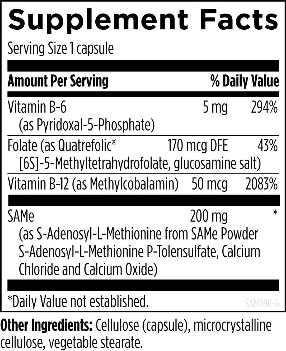 Designs for Health SAMe Cápsulas con B6, B12 y 5-MTHF - 200mg S-adenosilmetionina + Folato + Vitamina B12 - No Transgénico y Sin Gluten (30 Cápsulas)