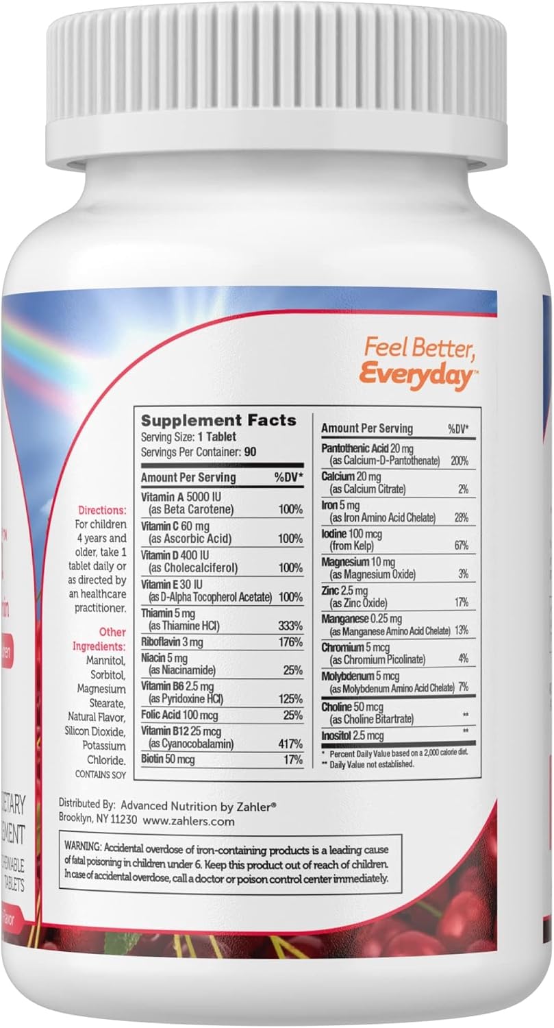 Zahler Junior Multi - Complete Children's Multivitamin - 23 Vitamins & Minerals - Kosher, Non-GMO & Gluten Free - Cherry, 90 Chewable Tablets