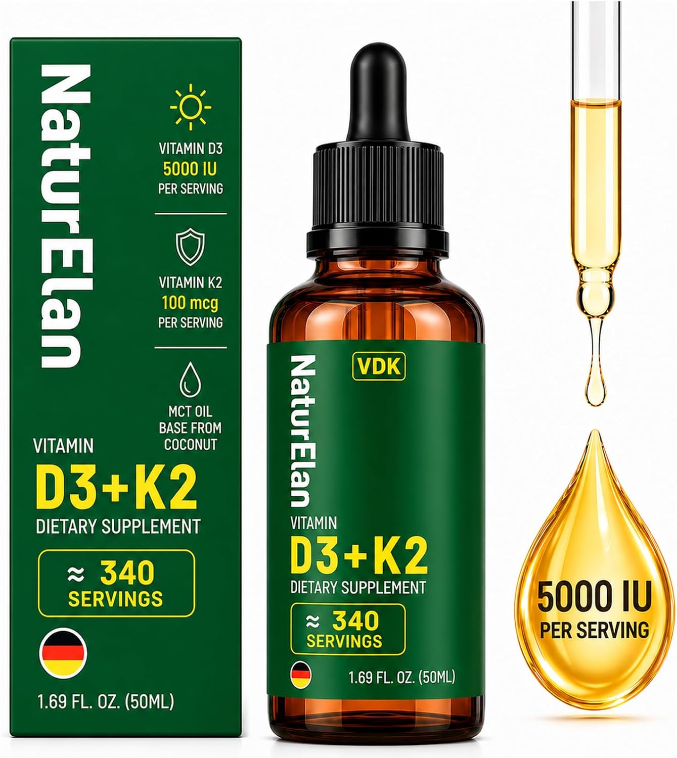 NaturElan Vitamin D3 5000 UI & K2 (MK-7) Gotas con Aceite MCT - 1,69 fl oz