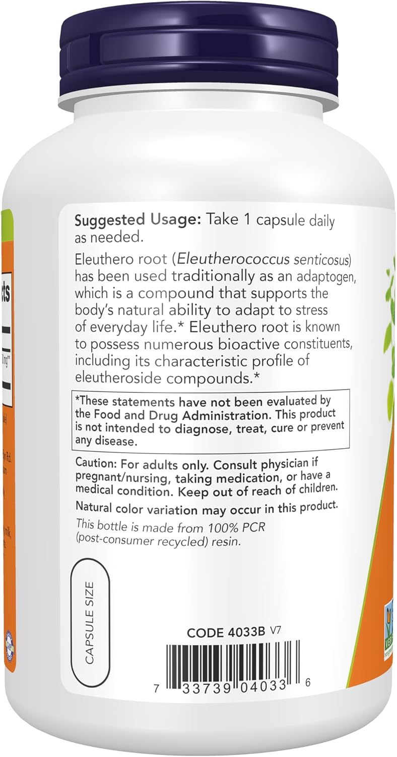 NOW Foods Eleuthero (Eleutherococcus senticosus) 500 mg - 250 Cápsulas Veganas