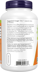 NOW Foods Eleuthero (Eleutherococcus senticosus) 500 mg - 250 Cápsulas Veganas