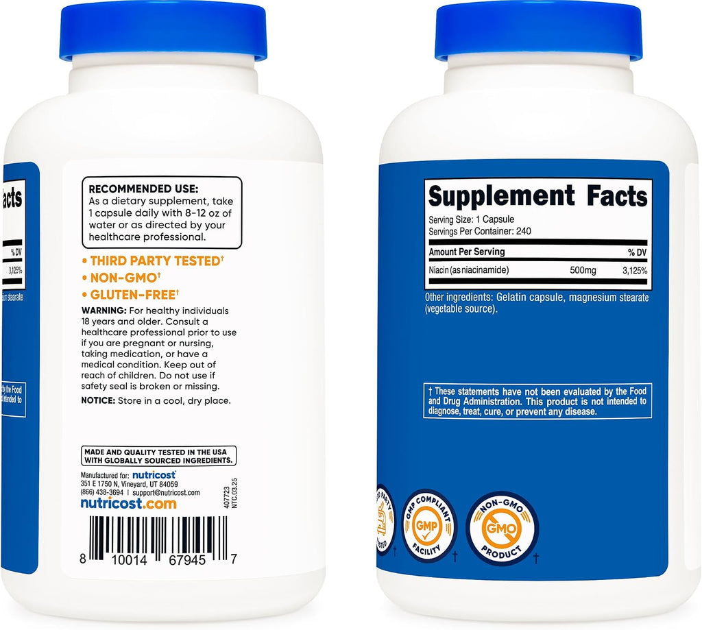 Nutricost Niacinamida (Vitamina B3) 500mg, 240 Cápsulas - Sin Enrojecimiento, No Transgénico, Sin Gluten