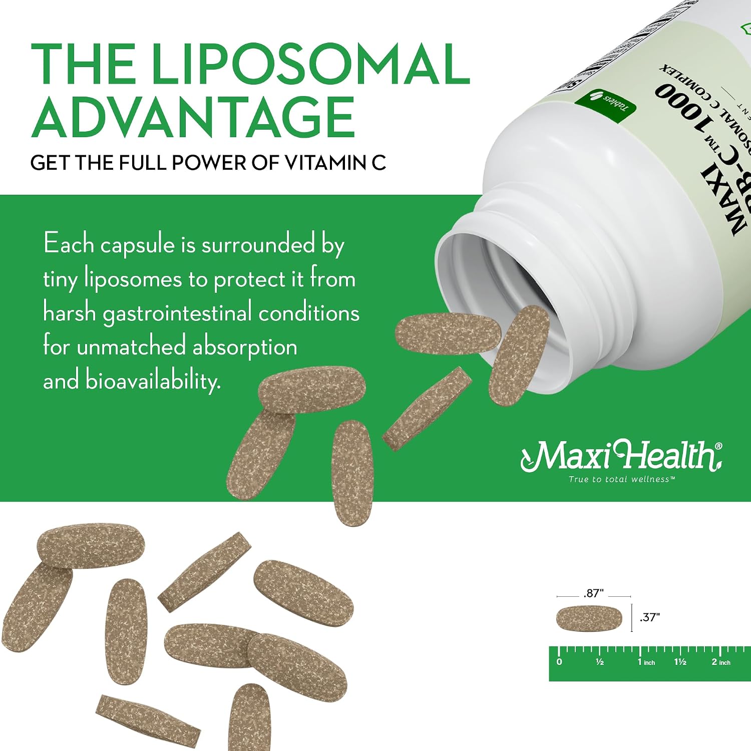 Maxi Health Lipizorb-C Vitamina C Liposomal 1000 mg – 90 Comprimidos – Suave para el Estómago con Quercetina y Jengibre – Vegano