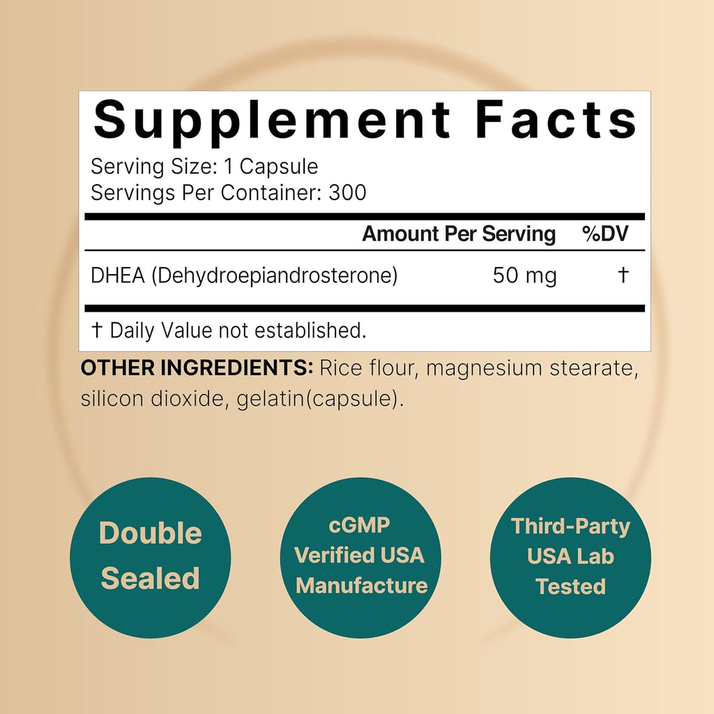 NatureBell DHEA 50mg, 300 Cápsulas - Micronizada, Origen Vegetal, Sin OMG