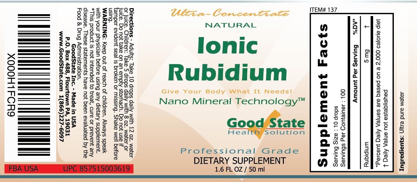 Good State Minerales Iónicos Líquidos - Rubidio Concentrado Ultra - (10 gotas equivalen a 5 mg) (100 porciones por envase)