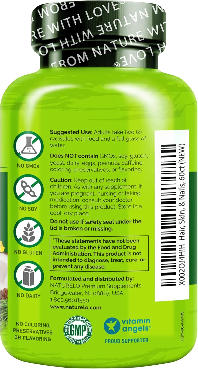 NATURELO Vitaminas para Cabello, Piel y Uñas - 5000 mcg Biotina, Colágeno, Vitamina E Natural - 60 Cápsulas