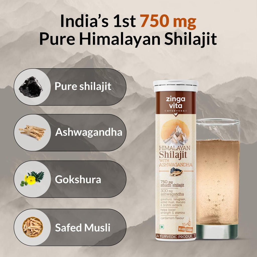 Zingavita Ayurveda Himalayan Shilajit 750mg Efervescente con Ashwagandha, Gokshuru, Fenogreco, Brahmi y Safed Musli - Pack de 2