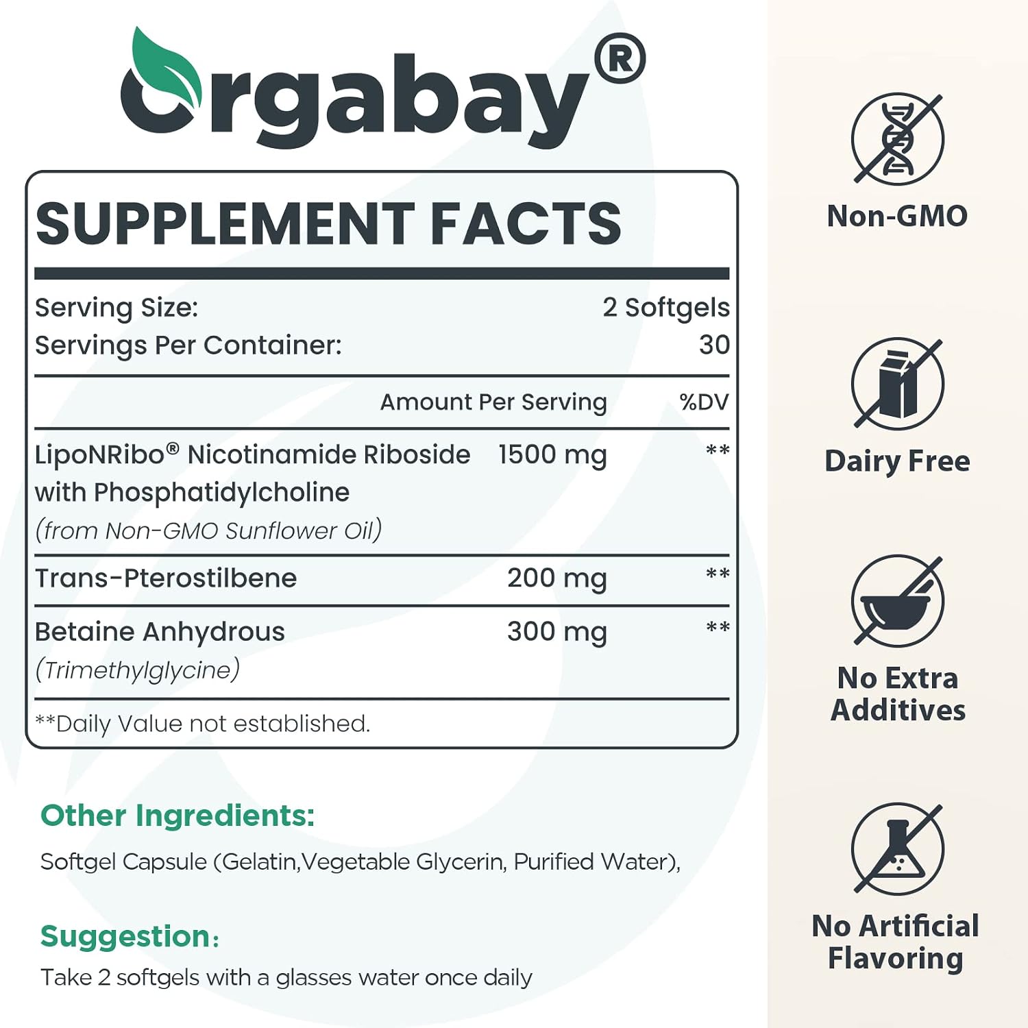 Orgabay Nicotinamida Ribósido Liposomal 2000 mg con TMG y Pterostilbeno, 120 Cápsulas Blandas