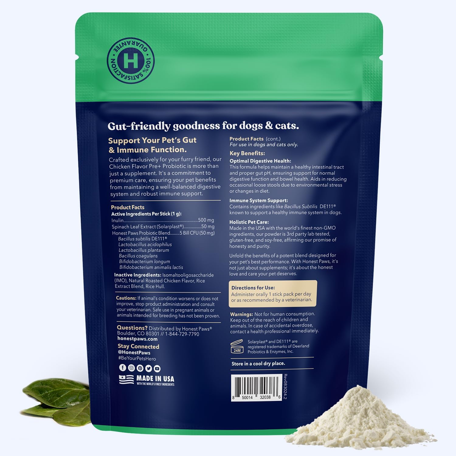 Honest Paws Probióticos para perros - Apoyo digestivo e inmunitario con prebiótico, 30 sticks