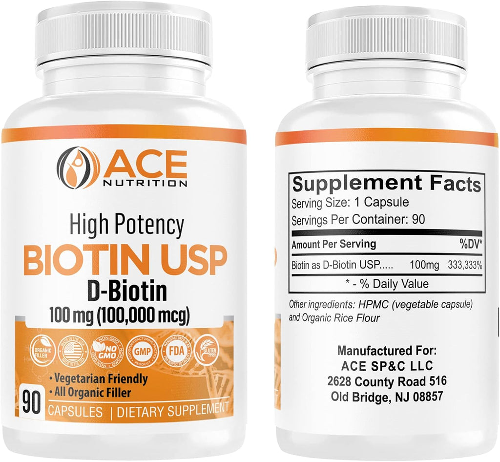 Biotina de Alta Potencia USP (D-Biotina 100.000 mcg) - Cápsulas Vegetales para Cabello, Piel y Sistema Nervioso