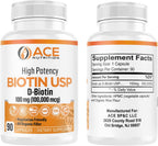 Biotina de Alta Potencia USP (D-Biotina 100.000 mcg) - Cápsulas Vegetales para Cabello, Piel y Sistema Nervioso