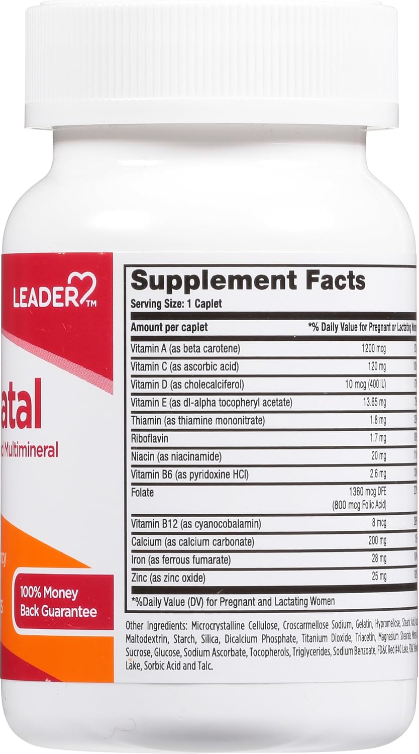 Leader Multivitamínico Prenatal con Ácido Fólico 800 mcg y Hierro, 200 Caplets (2 Envases de 100)