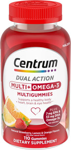 Centrum MultiGummies Multi+ Omega 3 Dual Action - Multivitamínico para adultos con omega-3, sabor fresa/limón/naranja, 110 gominolas