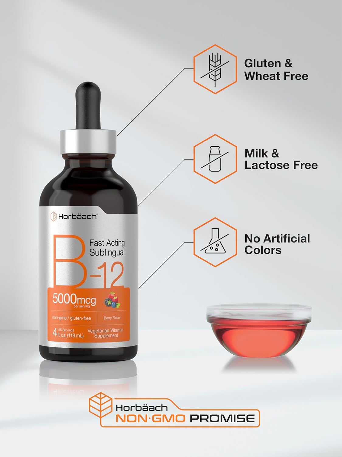 Horbaach Vitamina B12 5000 mcg Sublingual | Gotas Líquidas con Metilcobalamina y Cianocobalamina | Sabor Berry | Sin Gluten y No-GMO