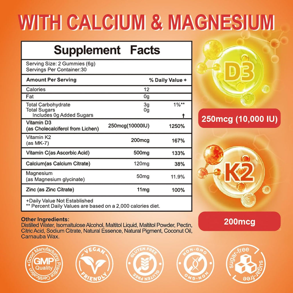 GKOKG Vitamina D3 K2 Gominolas Veganas - 1000 UI D3 + 200 mcg MK7 - Apoyo para Huesos, Corazón, Músculos e Inmunidad - 60 Gominolas Sabor Naranja