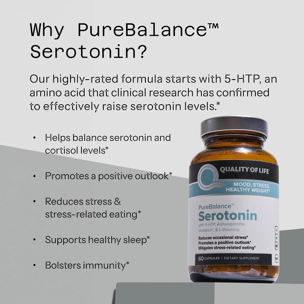 Quality of Life Pure Balance Serotonin Premium – 5-HTP, Venetron, Sensoril, Vitamina D3 y L-Teanina – 60 Cápsulas