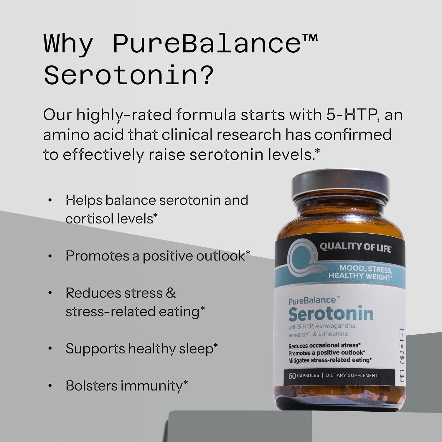Quality of Life Pure Balance Serotonin Premium – 5-HTP, Venetron, Sensoril, Vitamina D3 y L-Teanina – 60 Cápsulas