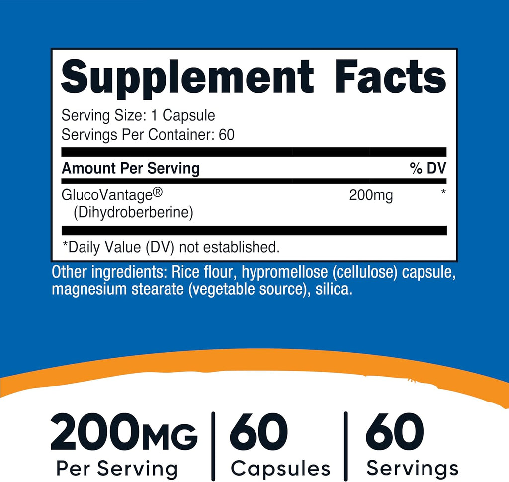 Cápsulas de Dihidroberberina Nutricost (200 mg, 60 cápsulas) - Metabolito de Berberina