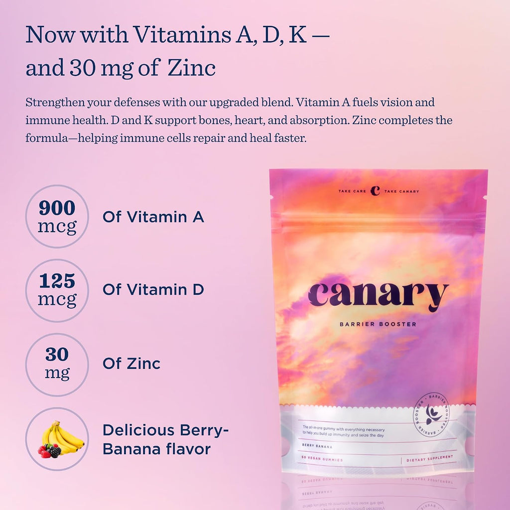 Canary Barrier Booster Vitamin A, D, K y Zinc - Gominolas Veganas Sabor Berry Banana - 60 Gominolas