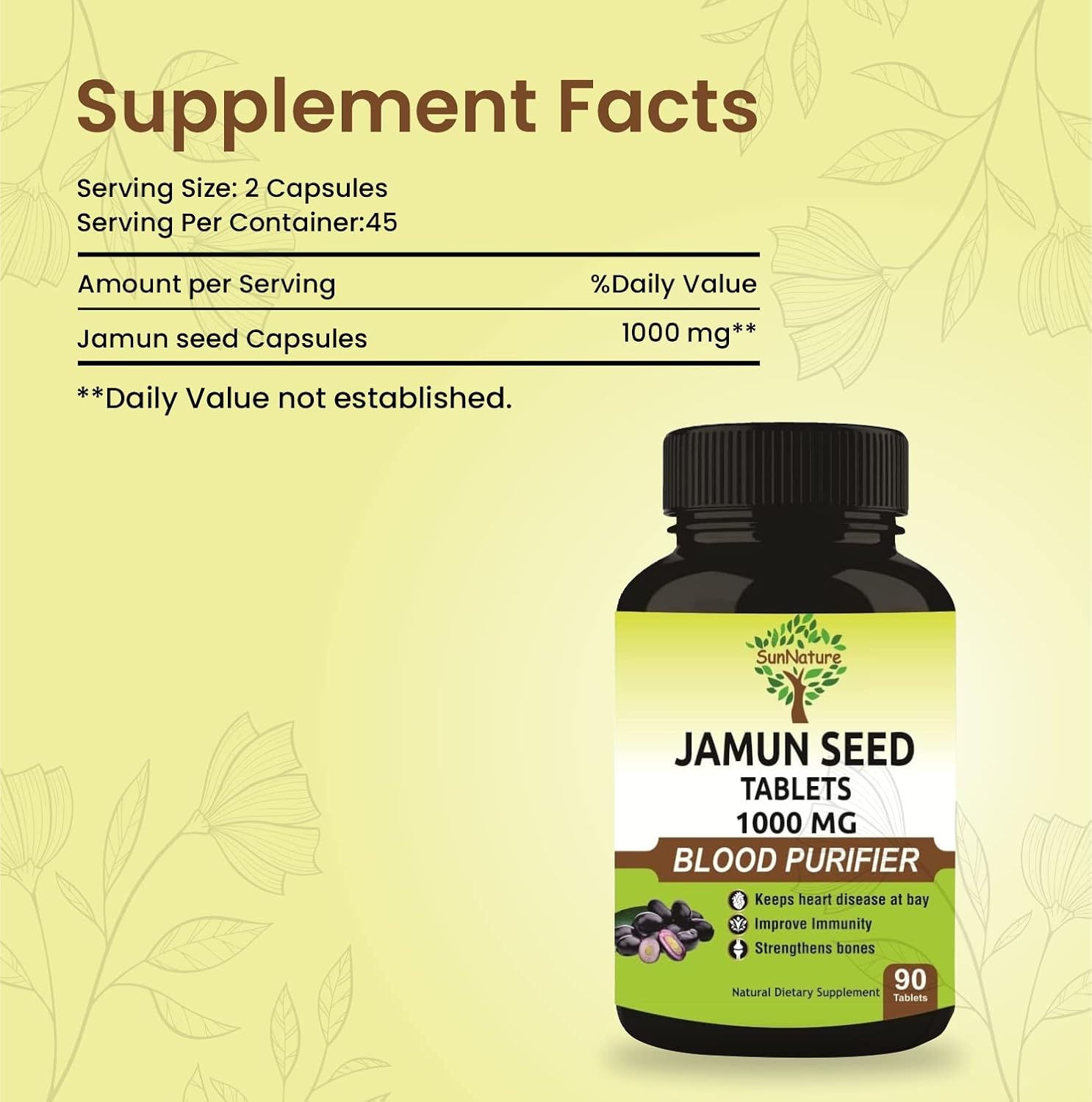Comprimidos de Semilla de Jamun SunNature | 90 Comprimidos, 500 mg | 1000 mg por día (2 comprimidos) | Vegano