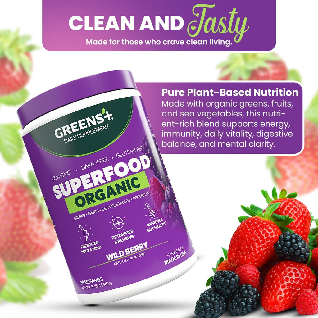 Greens+ Organic Wild Berry Superfood Powder - Suplemento vegano con antioxidantes, energía y vitalidad (240 g)