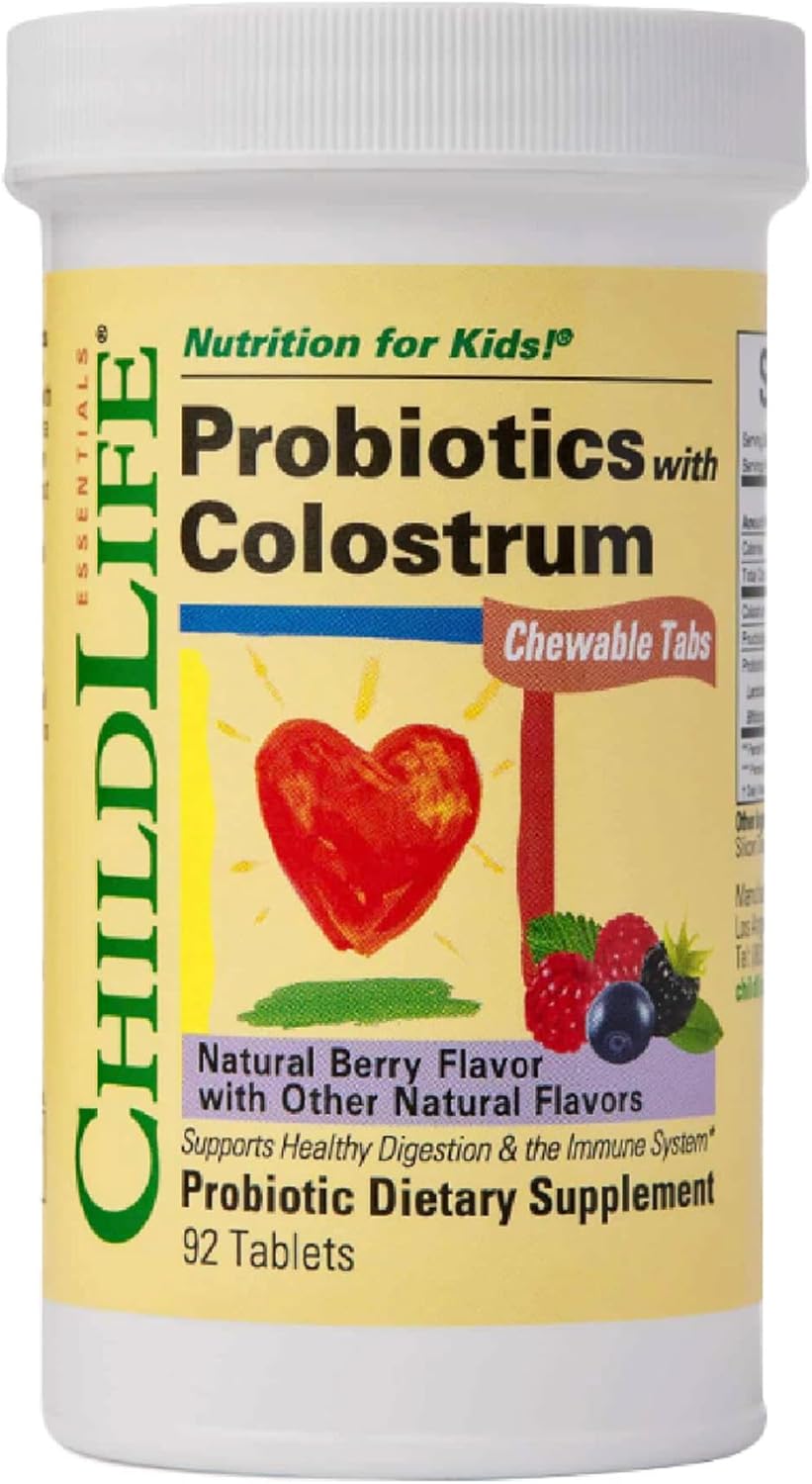 CHILDLIFE ESSENTIALS ChildBiotics con calostro - Probióticos masticables para niños, sabor natural a bayas, 92 comprimidos (Paquete de 2)