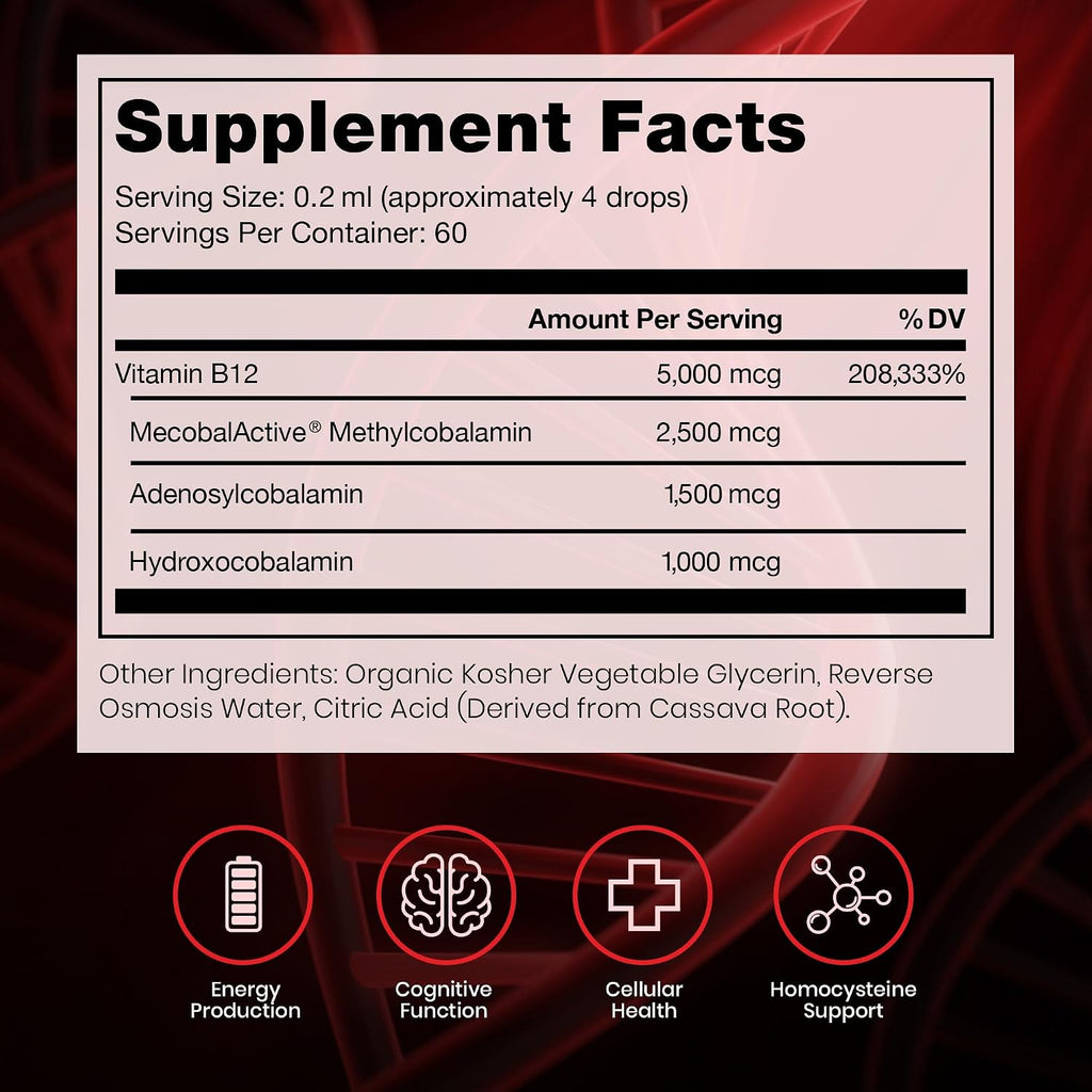 Pure Therapro Rx Vitamina B12 Sublingual - 5000 mcg con Metilcobalamina, Adenosilcobalamina e Hidroxocobalamina - 10 ml