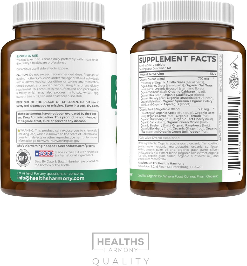USDA Organic Super Greens Supplement - 28 Superalimentos Orgánicos en Comprimidos - Vegano y Non-GMO - Healths Harmony