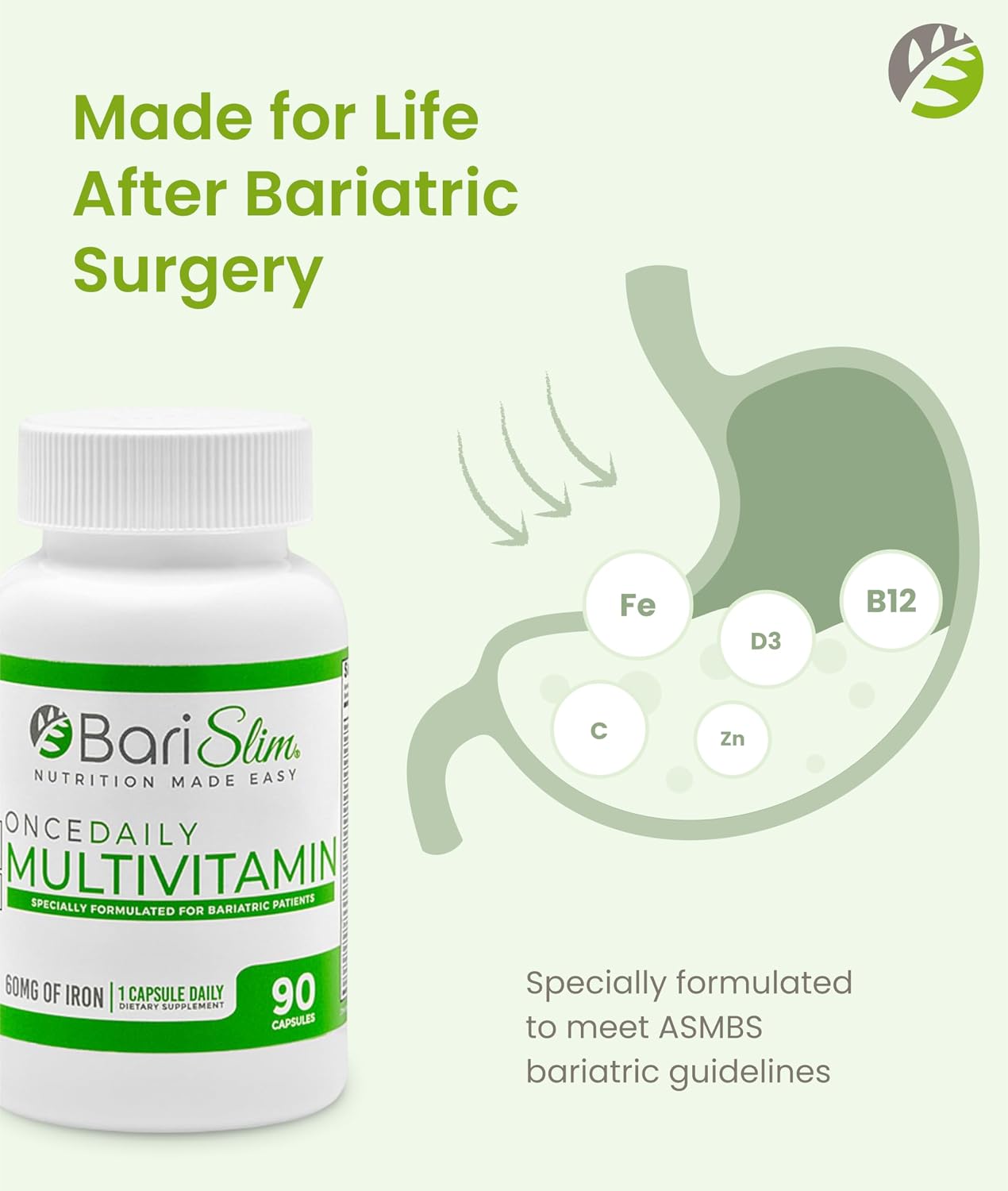 BariSlim Multivitamínico Bariátrico Una Vez al Día - 60mg Hierro - Post Cirugía Bypass Gástrico | 90 Días