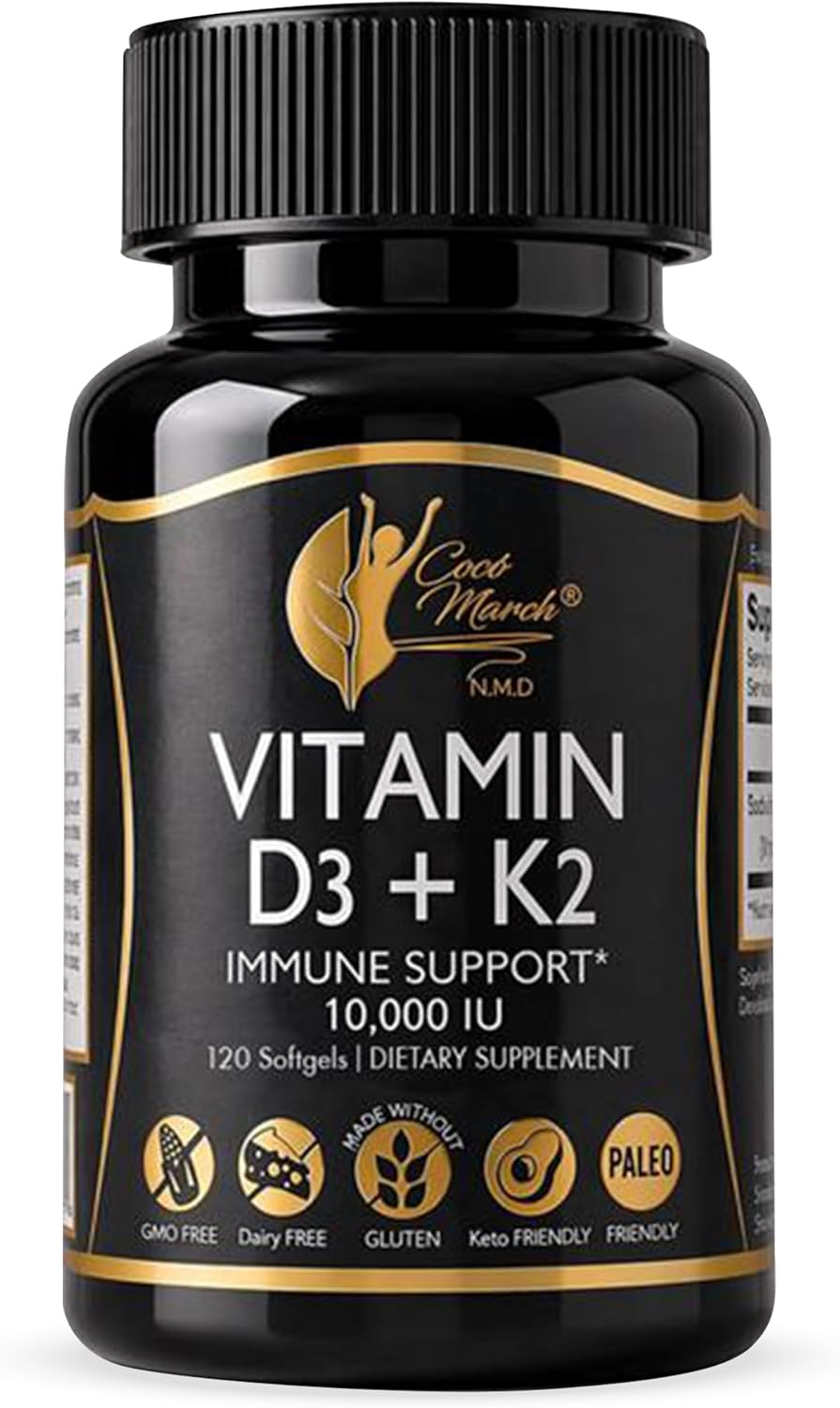 Cocó March N.M.D Vitamina D3+K2 10.000 UI - 180 mcg de Vitamina K2, 250 mcg de Vitamina D3, 120 Cápsulas, Sin Gluten, No GMO