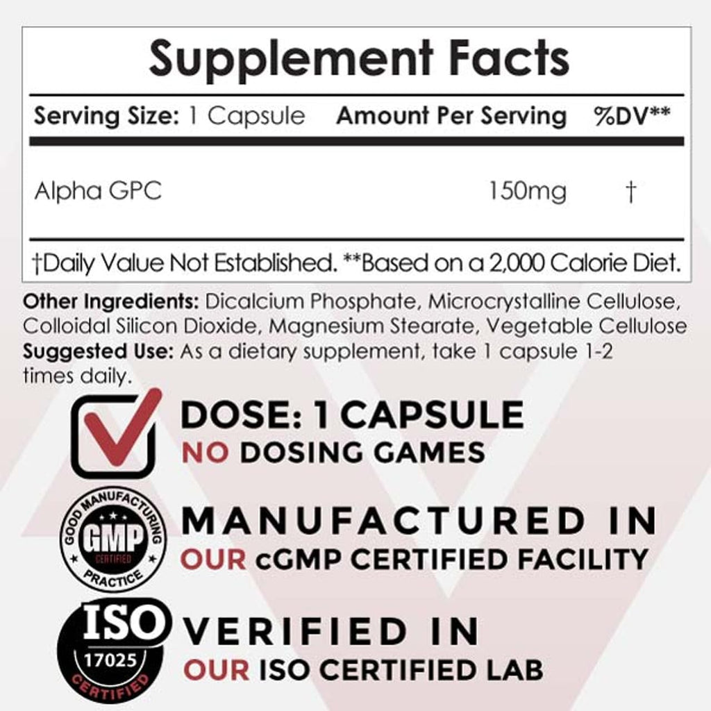 Nootropics Depot Alpha GPC 150mg - 180 Cápsulas - Suplemento de Colina para la Función Cerebral