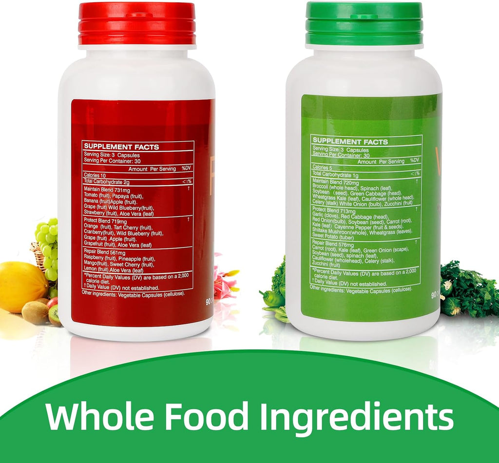 Fruit and Veggies Supplement – 2 Frascos (180 Cápsulas Vegetarianas) – Mezcla de 16 Frutas y 18 Verduras con Vitaminas y Minerales