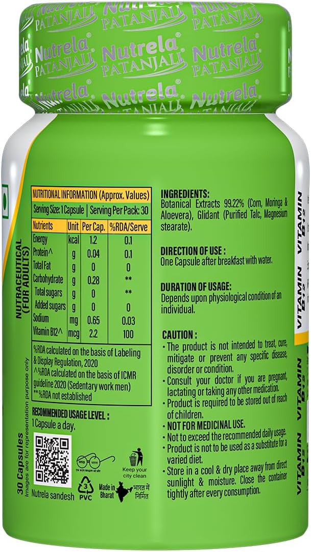 Nutrela Patanjali Vitamina B12 Biofermentada de Origen Vegetal con Moringa y Aloe Vera - 30 Cápsulas Vegetales (Pack de 2)
