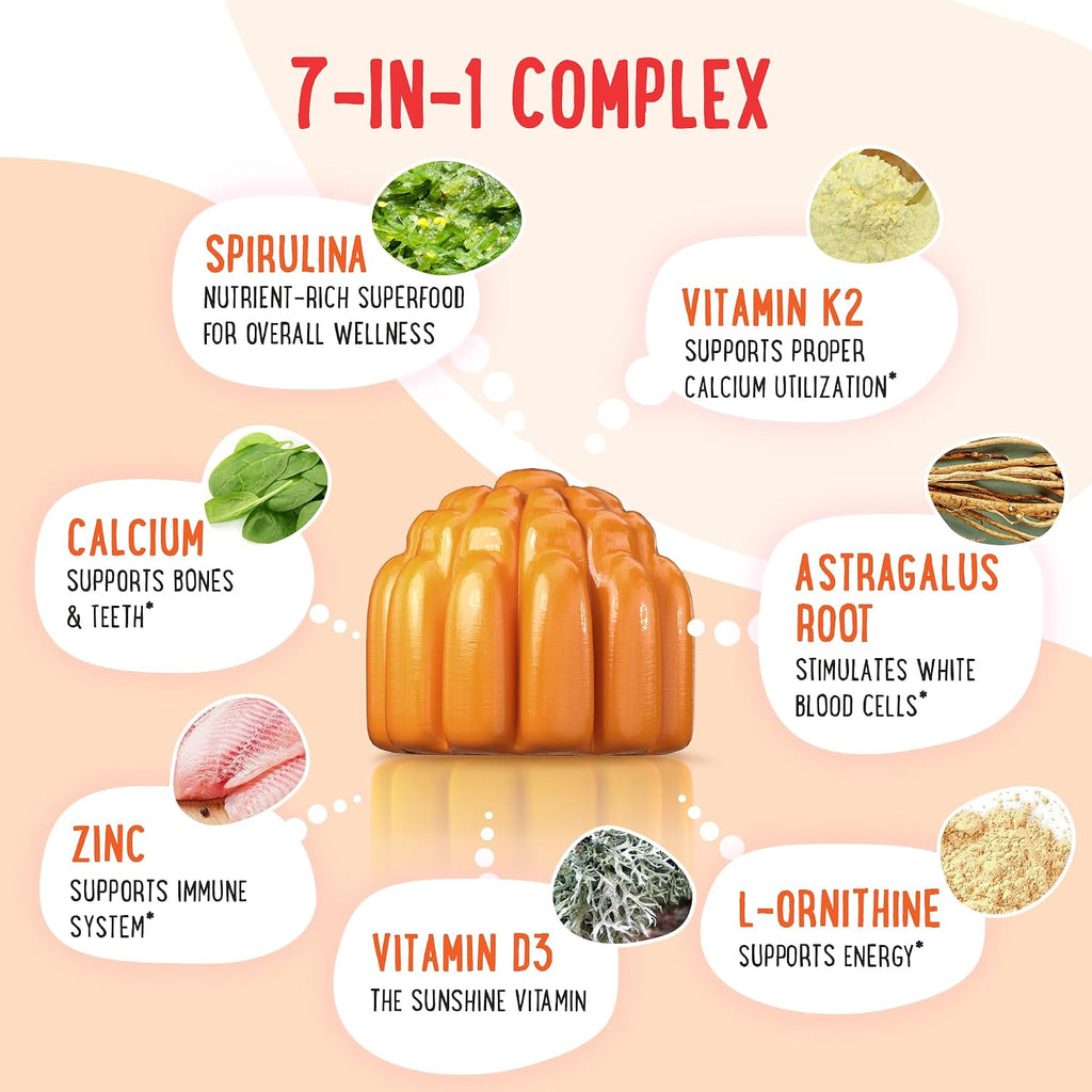 OH MY CHEWY Gomitas de Crecimiento para Niños y Adolescentes - Suplemento con Calcio, Zinc, Vitamina D3, K2, Espirulina y Astrágalo - Sabor Melocotón y Mango 60 Unidades