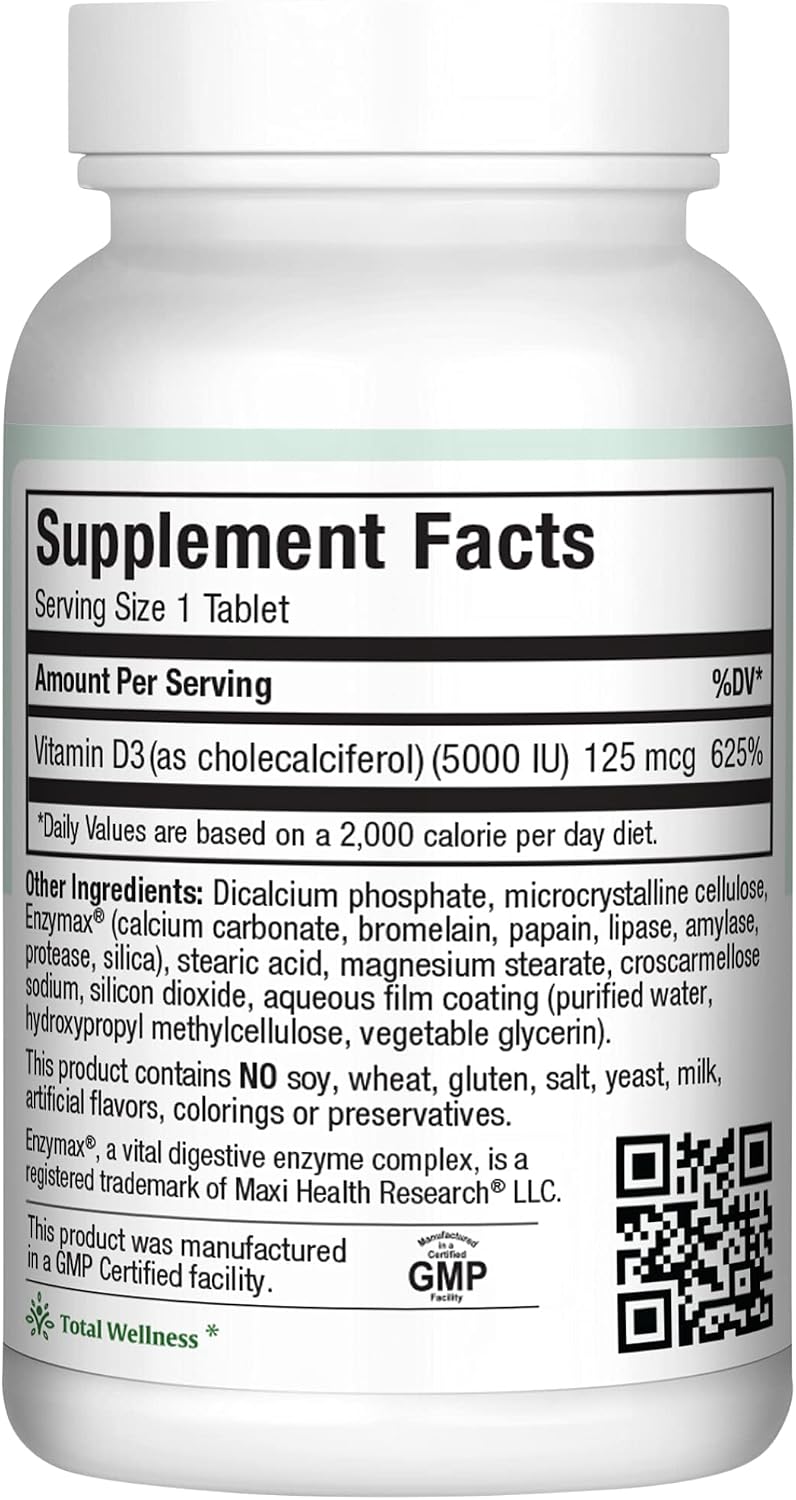 Vitamina D3 5000 UI (125 mcg) - Dosis Alta para Huesos, Dientes y Sistema Inmunológico - Suplemento Puro de Vitamina D3 - 180 Comprimidos