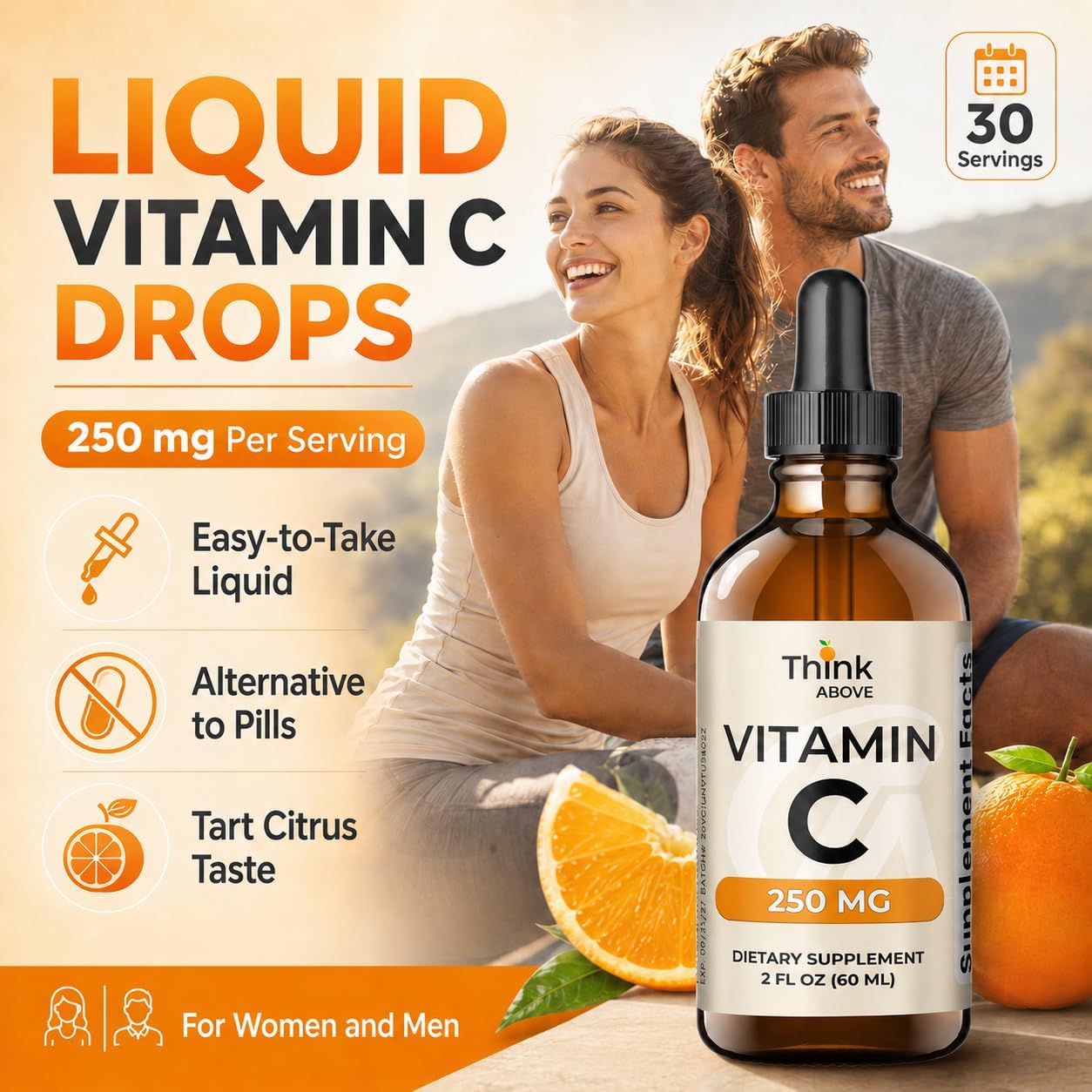 Think Above Vitamina C Líquida, 250 mg por Dosis, Ácido Ascórbico (L-ascórbico), 30 Dosis, 60 ml