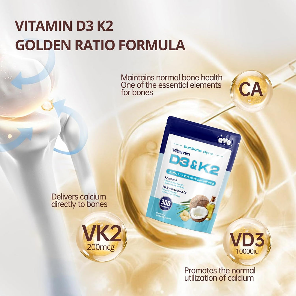 QVQ Vitamina D3 10000 UI + K2 (MK-7) 200 mcg, 300 Cápsulas blandas con aceite de coco virgen