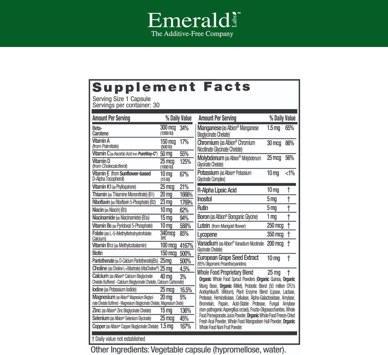 EMERALD LABS Multivitamínico diario para hombres - Sin aditivos - 30 cápsulas vegetales