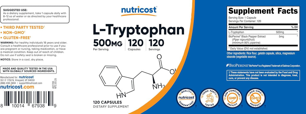 Nutricost L-Tryptophan 500mg, 120 Capsules - with BioPerine, Gluten-Free, Non-GMO