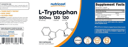 Nutricost L-Tryptophan 500mg, 120 Cápsulas - – 120 cápsulas de L-Triptófano de alta calidad por envase. – Image 6