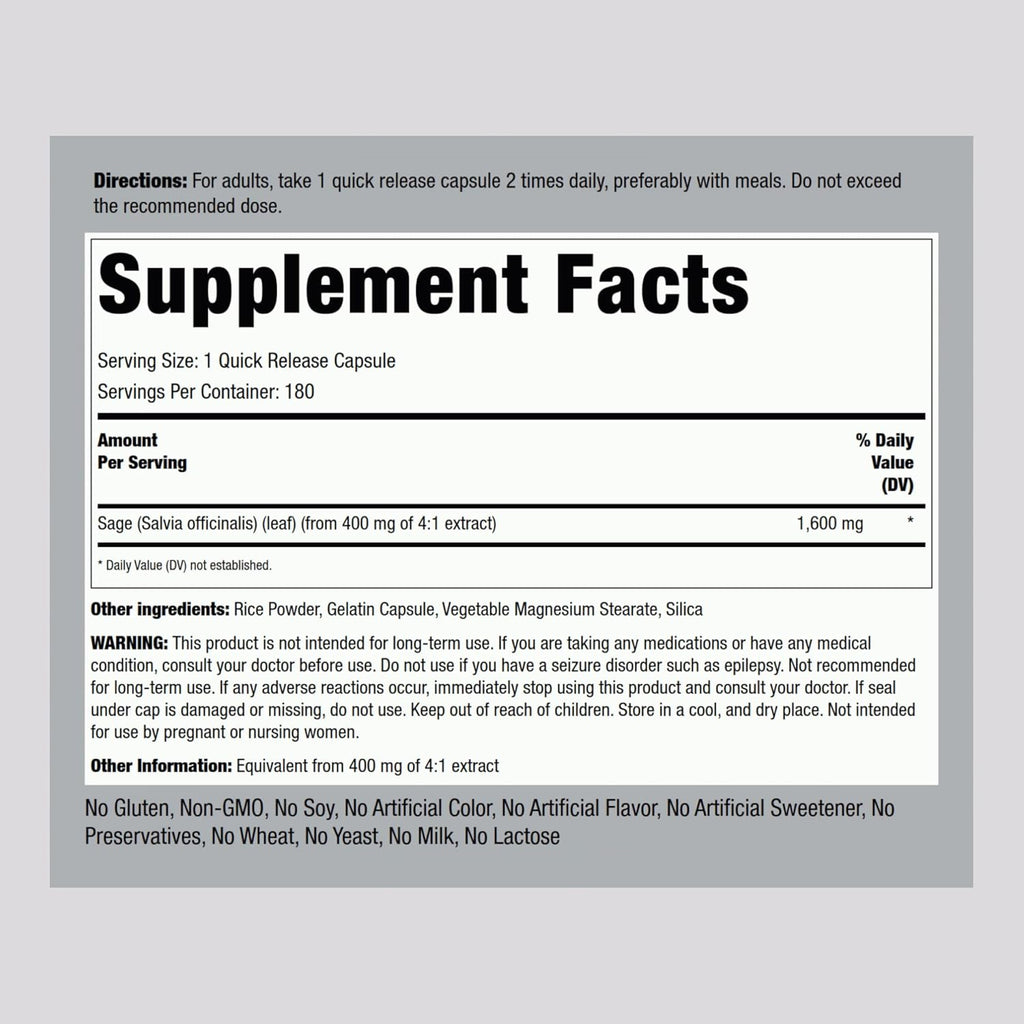 Piping Rock Sage Supplement | 180 Capsules | Concentrated Herbal Extract | Non-GMO & Gluten-Free Formula