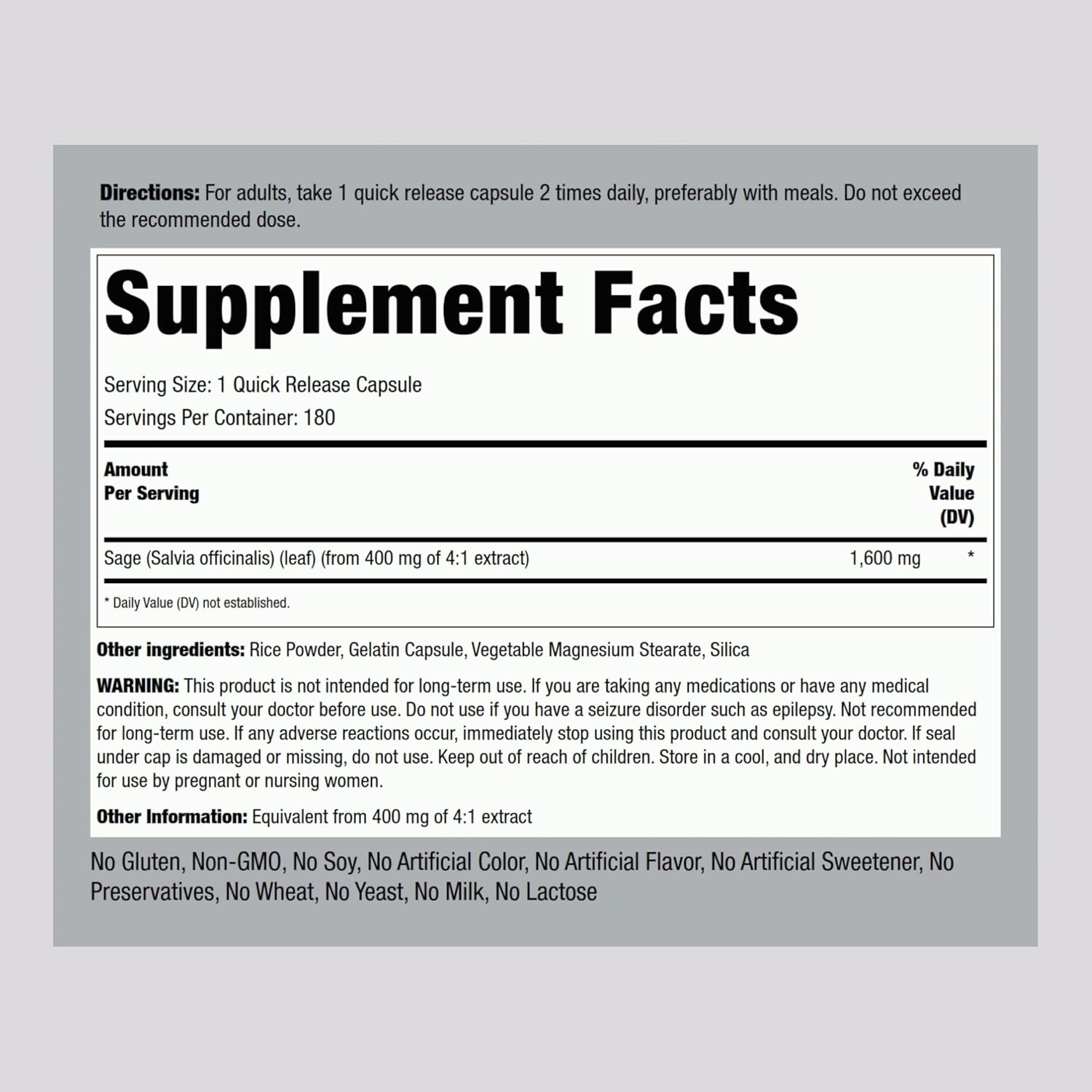 Piping Rock Sage Supplement | 180 Capsules | Concentrated Herbal Extract | Non-GMO & Gluten-Free Formula