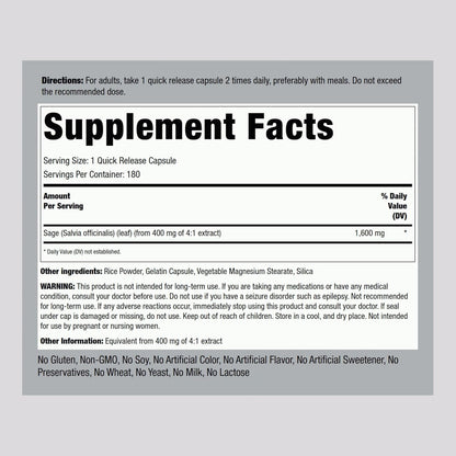 Piping Rock Suplemento de Salvia | 180 Cápsulas | Extracto Herbal Concentrado | Fórmula No Transgénica y Sin Gluten – Image 2