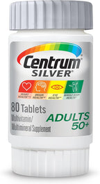 Centrum Silver Multivitamínico para Adultos Mayores de 50, Suplemento Multivitamínico/Multimineral, Vitamina D3, Vitaminas B, Sin Gluten, Ingredientes No Transgénicos, Apoya la Memoria y la Cognición en Adultos Mayores - 80 Unidades