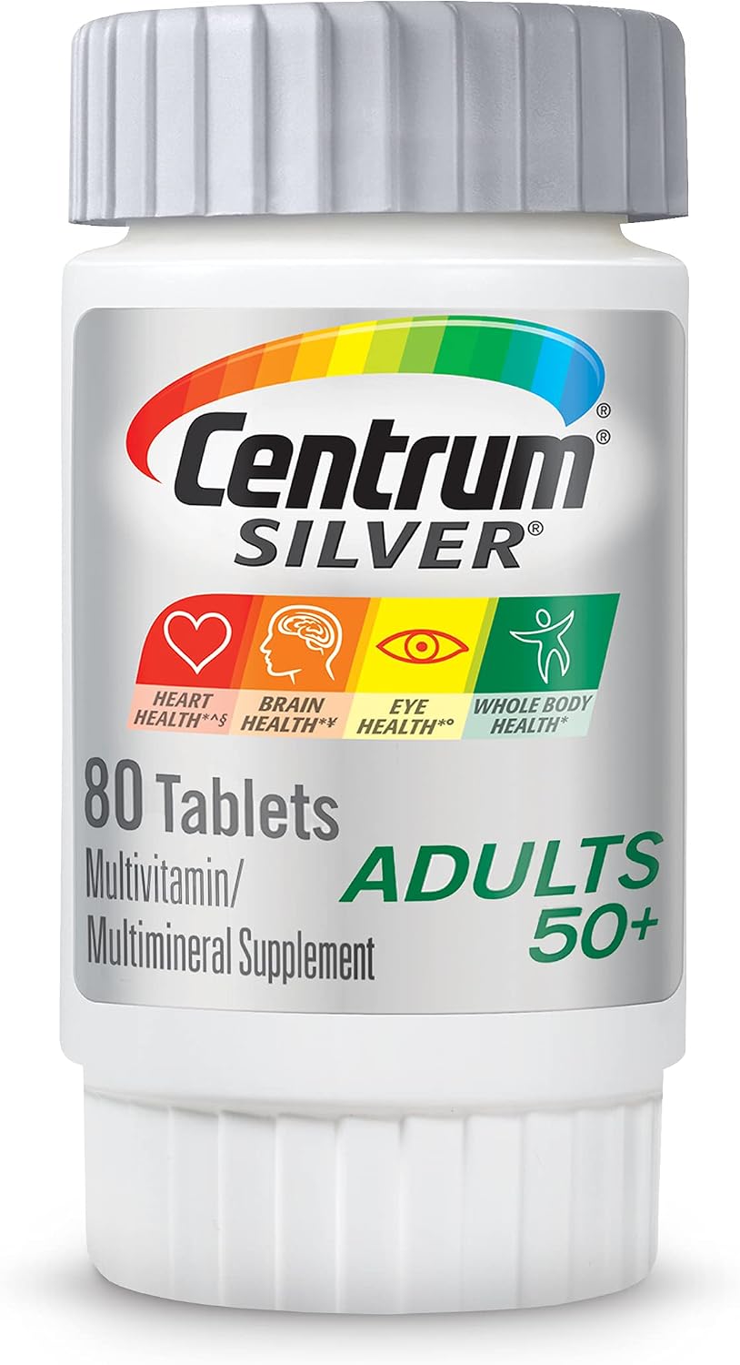 Centrum Silver Multivitamínico para Adultos Mayores de 50, Suplemento Multivitamínico/Multimineral, Vitamina D3, Vitaminas B, Sin Gluten, Ingredientes No Transgénicos, Apoya la Memoria y la Cognición en Adultos Mayores - 80 Unidades