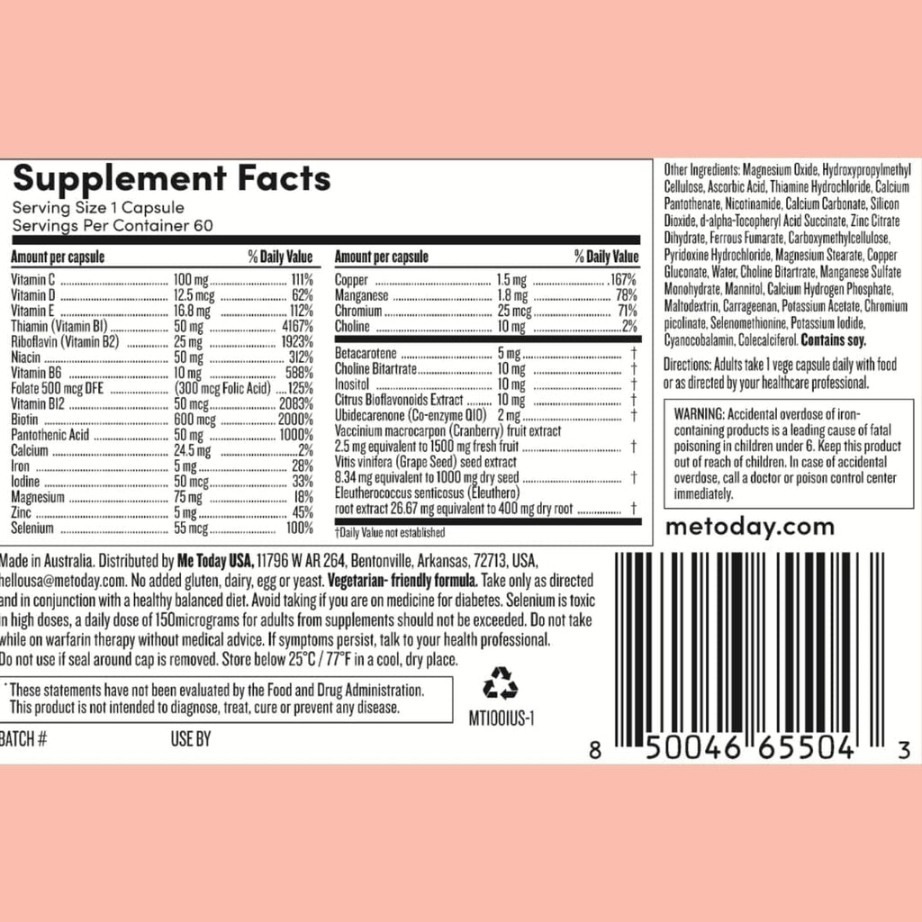 me today Multivitamínico Diario para Mujeres – 27 Vitaminas y Minerales – 30 Cápsulas Vegetarianas