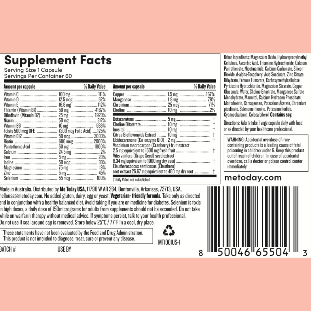me today Multivitamínico Diario para Mujeres – 27 Vitaminas y Minerales – 30 Cápsulas Vegetarianas