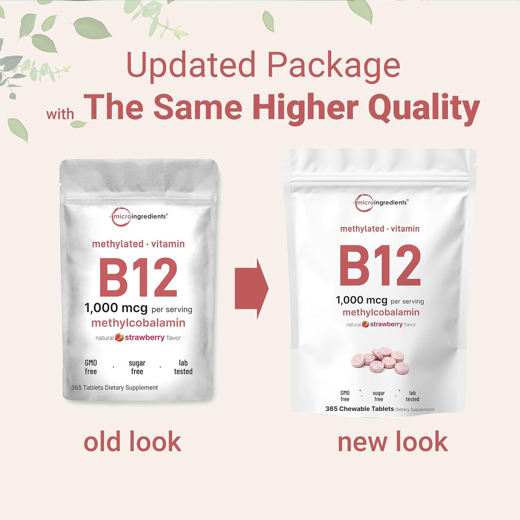 Micro Ingredients Vitamina B12 1000 mcg Metilcobalamina – 365 Comprimidos Masticables Sabor Fresa Natural